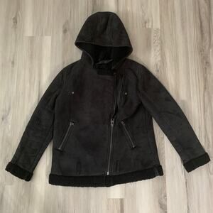 Women's Sherpa Hooded Peacoat Jacket Size Medium Black Coat Zip Up Silence Noice